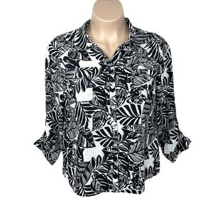 Petite XL Studio Works Black Beige Leaf Print Button Front Top Lightweight